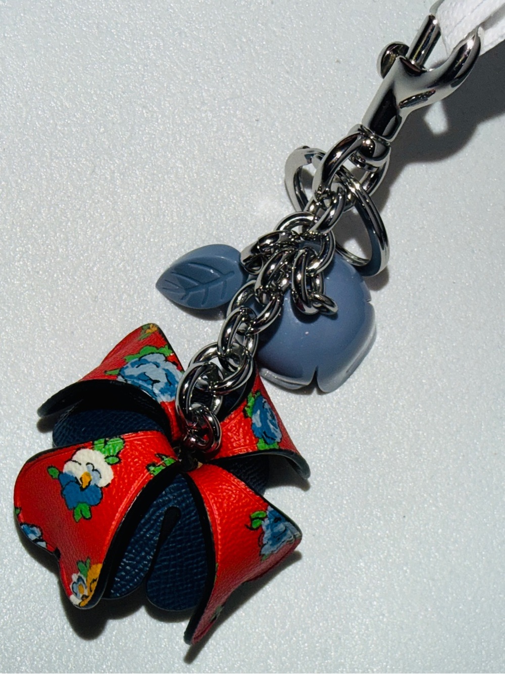 Coach Red Floral Leather Flower Key Charm with Blue Accents